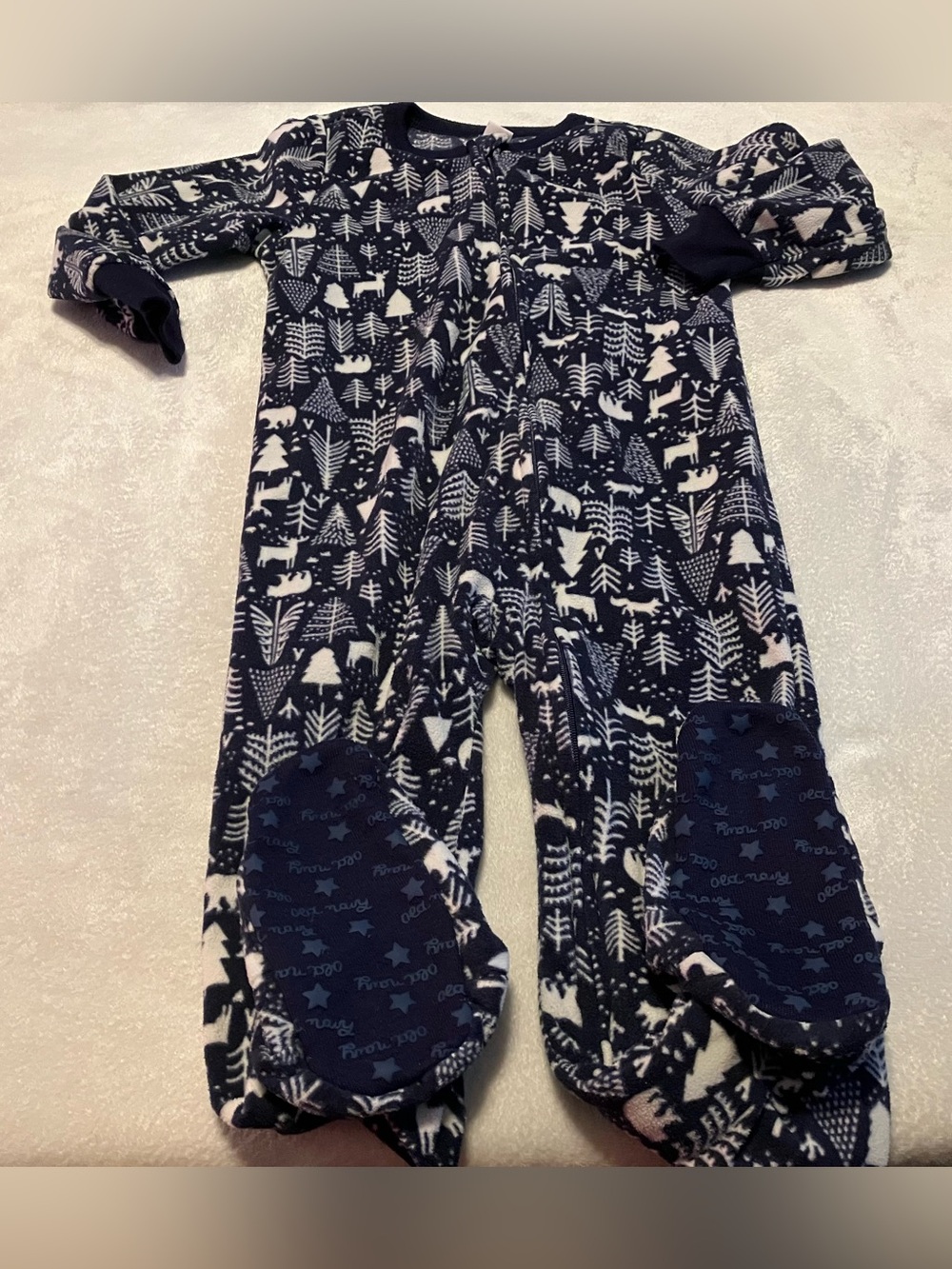 Navy Woodland Print Footed One-Piece Pajamas for Kids